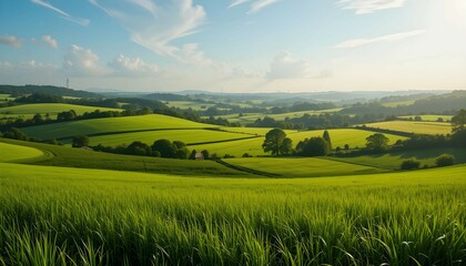 Obraz premium Tranquil Green Landscape with Blue Sky, flowers and Rolling Hills