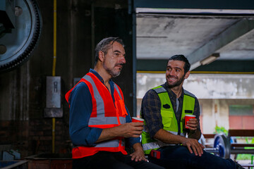 Blue collar workers work together at metal factory.