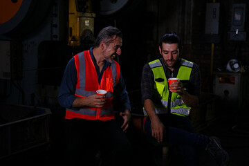 Blue collar workers work together at metal factory.