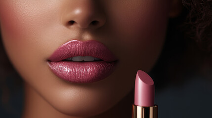 Obraz premium Luxurious makeup shot featuring radiant lips with pink lipstick, showcasing beauty and elegance. close up highlights smooth texture and shine of lips