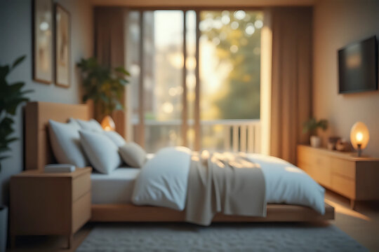 blurred view of light bedroom with cozy bed and folding screen. bokeh. abstract background