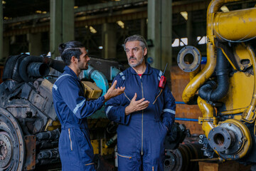 Technicians work at train engine repair shop.