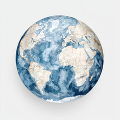 Watercolor globe with continents and oceans in blue tones isolated design on white background