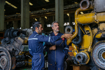 Technicians work at train engine repair shop.