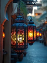 Ornate lanterns illuminating a pathway.