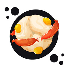 Playful vector art of a fried egg planet surrounded by orbiting sausages. 