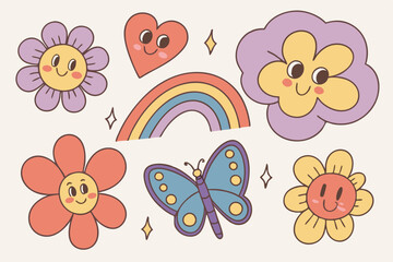 3D colorful cartoon stickers, cute flower designs, heart shapes, rainbow, cloud, butterfly, smiley faces, emoji expressions, vibrant colors, pink, purple, blue, orange, yellow, glossy finish, kawaii s