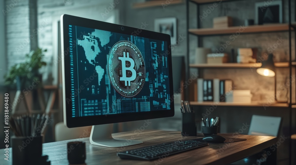 Poster Computer screen showing bitcoin cryptocurrency with world map and data in background, placed on wooden desk in modern office space