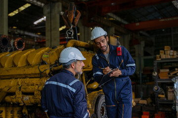 Technicians work at train engine repair shop.
