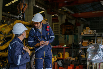 Technicians work at train engine repair shop.