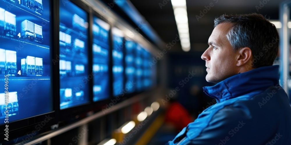Poster cargo management distribution optimization concept. a man observes multiple screens in a control roo