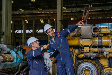 Technicians work at train engine repair shop.