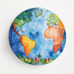 Naklejka premium Colorful watercolor globe with vibrant continents and details isolated design on white background