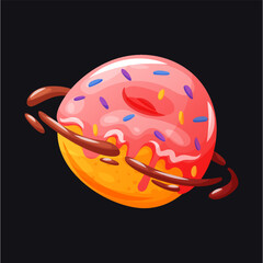 Playful vector art of a donut planet surrounded by orbiting sause.