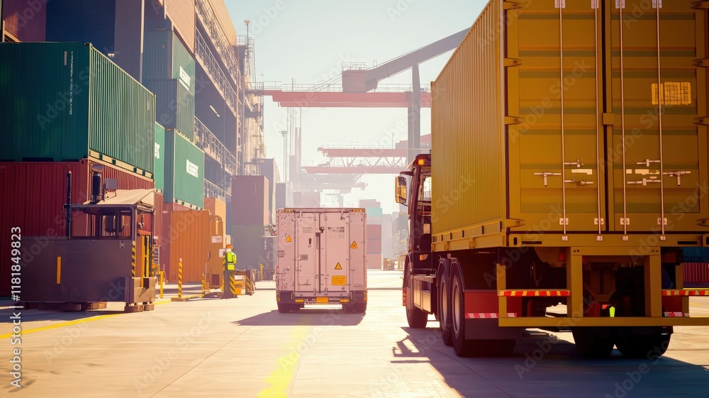 Poster cargo management distribution optimization concept. trucks unloading containers at a busy shipping t