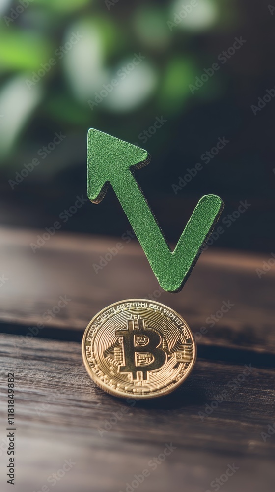 Poster golden physical bitcoin standing on wooden table with green arrow pointing up showing increasing val