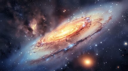 Obraz premium A cosmic view of the galaxy surrounded by stars and colorful celestial clouds.
