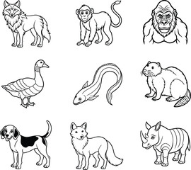 Fototapeta premium Animals set line art vector on white background.