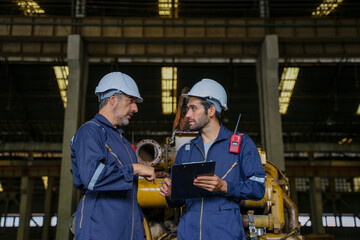 Technicians work at train engine repair shop.