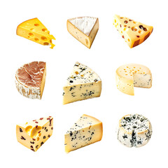Set of Cheese collection isolated on a white transparent background.