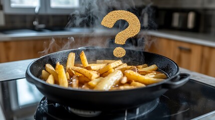 Steaming french fries in a pan with a question mark.