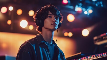 Japanese Male DJ in Headphones Cinematic Portrait Photography
