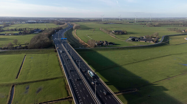 Zwolle, the Netherlands - January 8th 2025: A28 or E232 highway crossing over the Gelderse Dyke between Hattem and Zalk.
