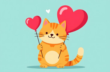 Funny drawn ginger kitten holds heart-shaped balloons in his paws. Blue background.