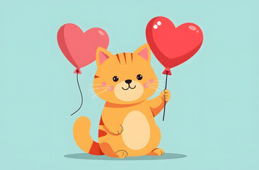 Funny drawn ginger kitten holds heart-shaped balloons in his paws. Blue background.