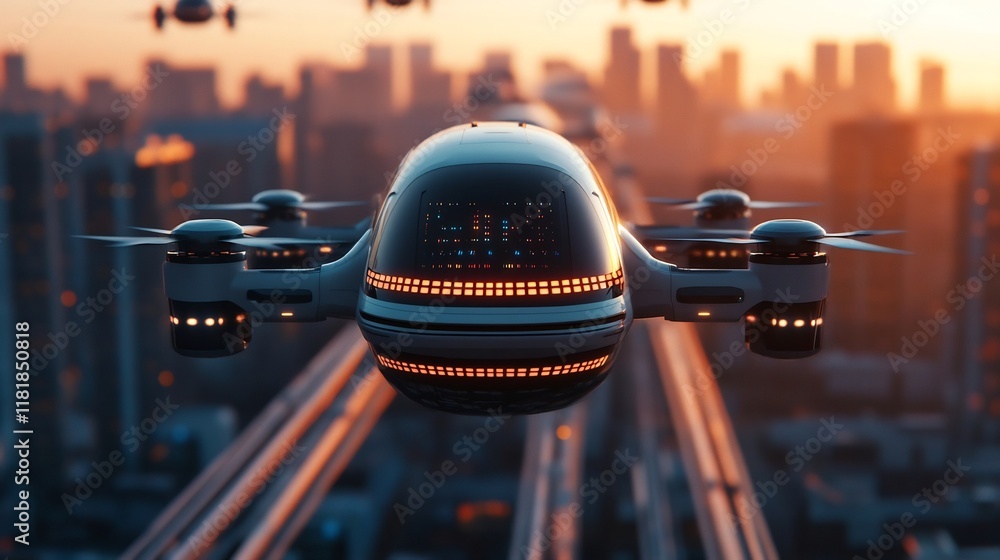 Poster futuristic metropolis with monorail and flying drones in high-tech office setting