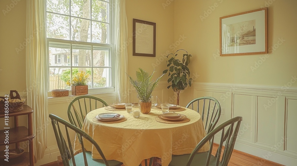Poster nestled in a bright room, a round table draped in butter yellow beckons with elegant tableware and a