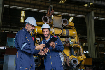 Technicians work at train engine repair shop.