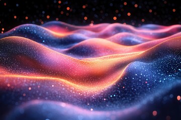 Obraz premium Vibrant waves of light create an abstract cosmic landscape with glowing particles in a dark background