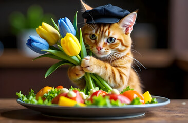 Funny ginger kitten in a black cap holds blue and yellow tulips in its paws.