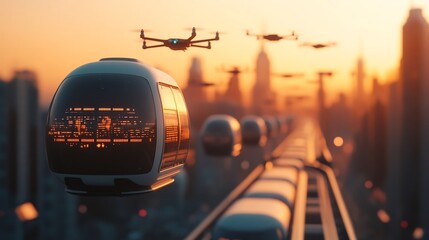 Futuristic Metropolis with Monorail and Flying Drones in High-Tech Office Setting