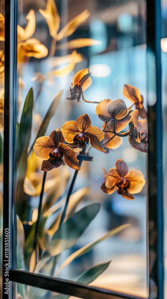 Aufkleber Future Dusk orchids display a stunning array of colors and textures, illuminated by soft light in a serene atmosphere, inviting admiration and awe from any observer