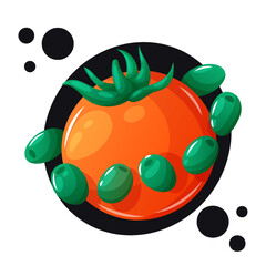Playful vector art of a tomato planet surrounded by orbiting olives.