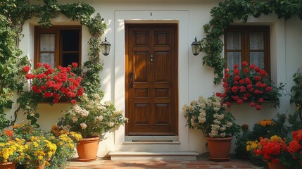 A charming duplex with two separate entrances and flower pots by the doors.