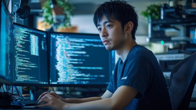 Japanese Programmer Working on Computer