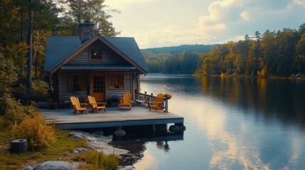 A charming lakeside cottage with a wooden deck and Adirondack chairs.
