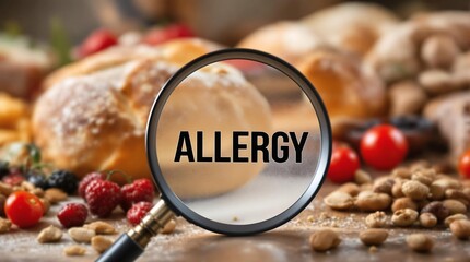 Magnifying Glass Highlighting 'Allergy' Among Various Foods, Emphasizing Food Allergies