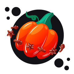 Playful vector art of a pumpkin planet surrounded by orbiting species.