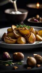 A plate of golden roasted potatoes being drizzled with dressing, perfect for culinary presentations.

