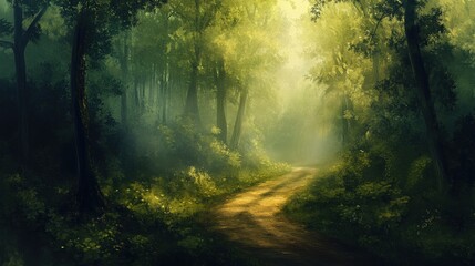 Obraz premium Sunlit forest path enchanted woodland nature scene serene environment ground level view tranquil journey