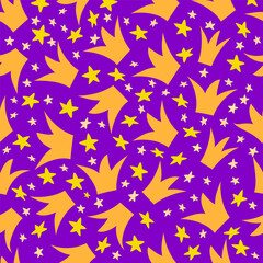 Crowns and stars seamless pattern on purple background. Dreams about fairy kingdom vector icons ornament creative design. Color illustration