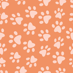 Animal paws seamless pattern on peach background. Wile creature footprints vector icons ornament creative design. Childish color illustration