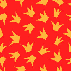 Golden crowns seamless pattern on red background. Royal accessories vector icons ornament creative design. Repeatable color illustration