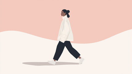 Solo model walking in minimalist fashion on pastel background