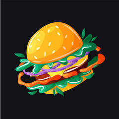 Playful vector art of a burger planet surrounded by orbiting sause. 