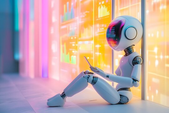A conceptual AI assistant projecting educational diagrams onto a glowing wall - Powered by Adobe